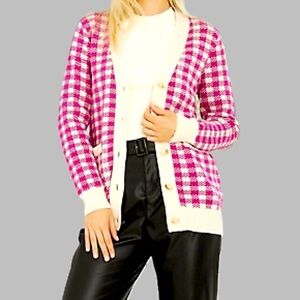 PINK Cream V-Neck Houndstooth Knit Cardigan Long Sweater GOLD Buttons XL NWT